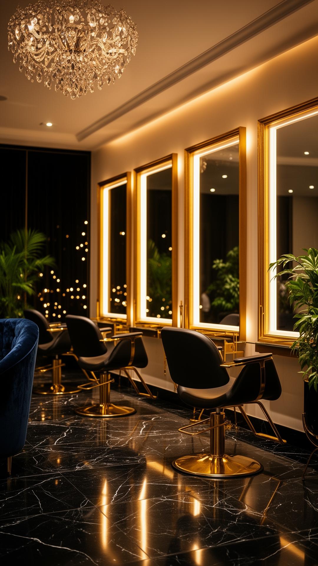 Interior of Sarma Hair and Beauty Spa, dark luxury suite with rose gold lighting